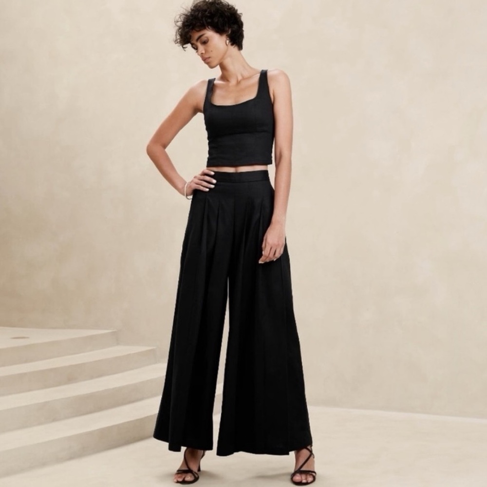 NEW Banana Republic Black Linen Pleated Wide Leg Pant Work Career Modern Size 00